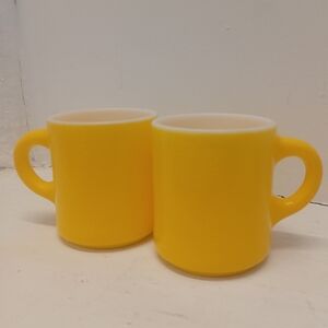 Vintage Hazel Atlas 1950-60s Milk Glass Yellow Mugs Citrus Peel Texture Set of 2